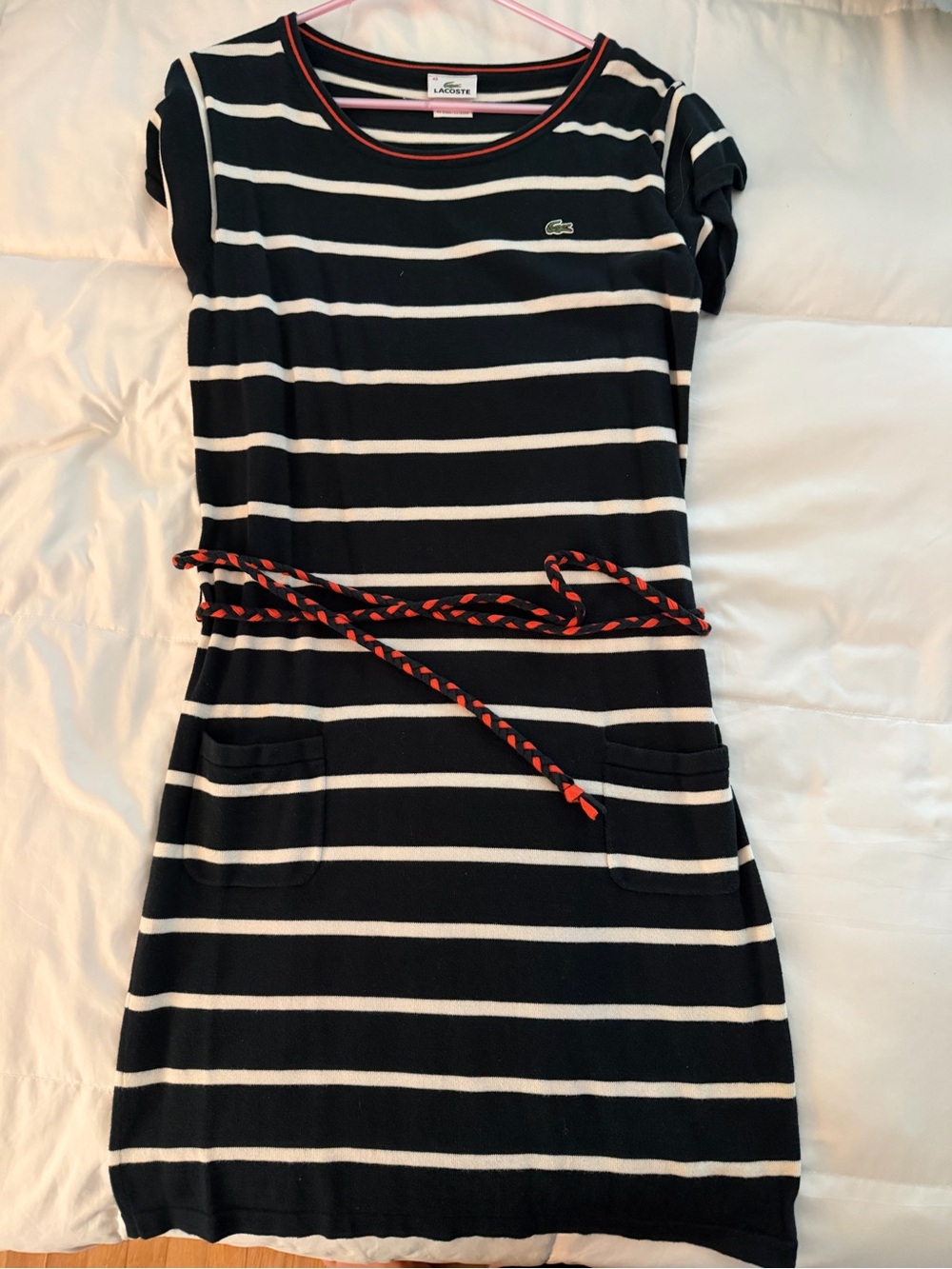 Lacoste Euro Size 40 Women's Navy & White Striped Knit Dress with Braided Belt